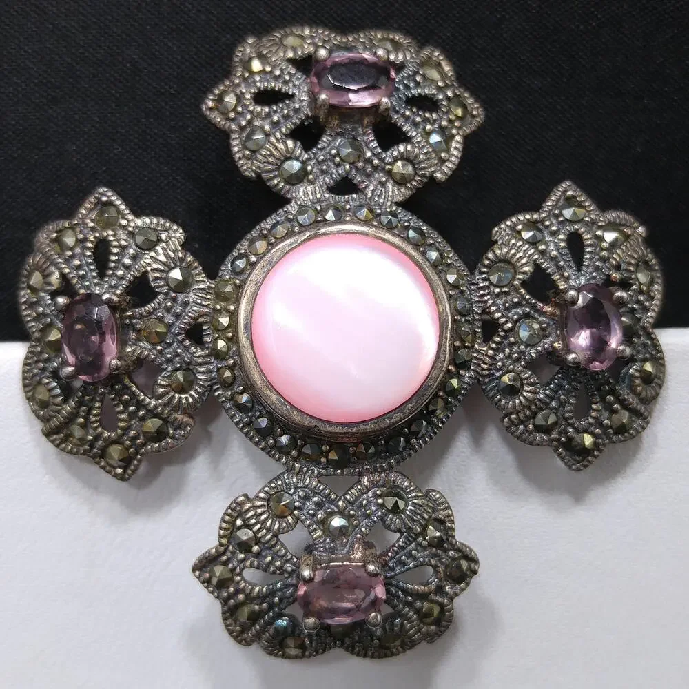 Sterling Marcasite Pink Shell Brooch, 925 NE, Purple Glass, 1950s Vintage